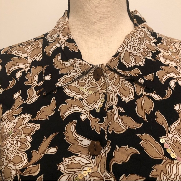 White Stag floral  shirt vintage button down short sleeve blouse SZ L black gold - Picture 2 of 6